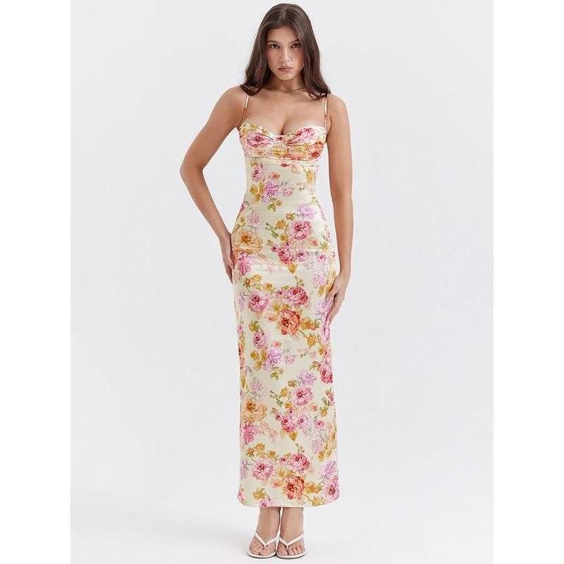 Floral Print Midi Dress with Spaghetti Straps & Backless Design Fashion Dress Floral Print Midi Dress with Spaghetti Straps & Backless Design