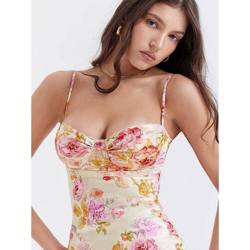 Floral Print Midi Dress with Spaghetti Straps & Backless Design Fashion Dress Floral Print Midi Dress with Spaghetti Straps & Backless Design