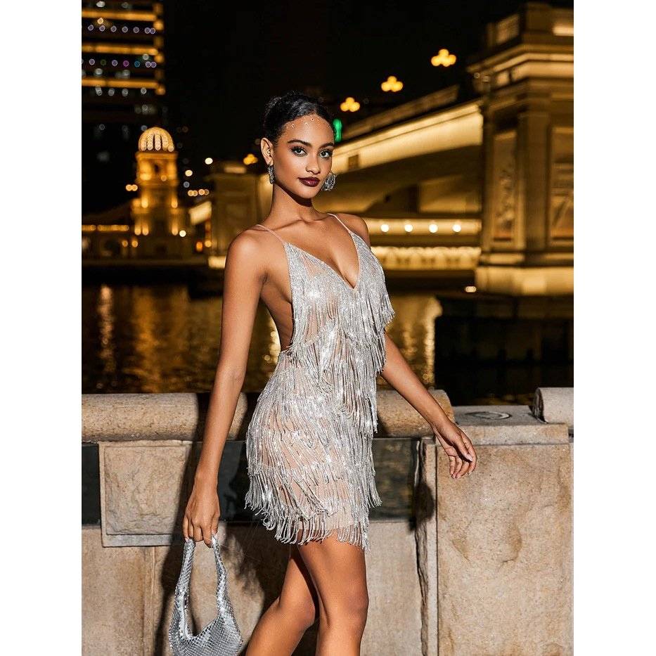 Sparkly Rhinestone Fringe Backless Mini Party Dress Fashion Dress Sparkly Rhinestone Fringe Backless Mini Party Dress